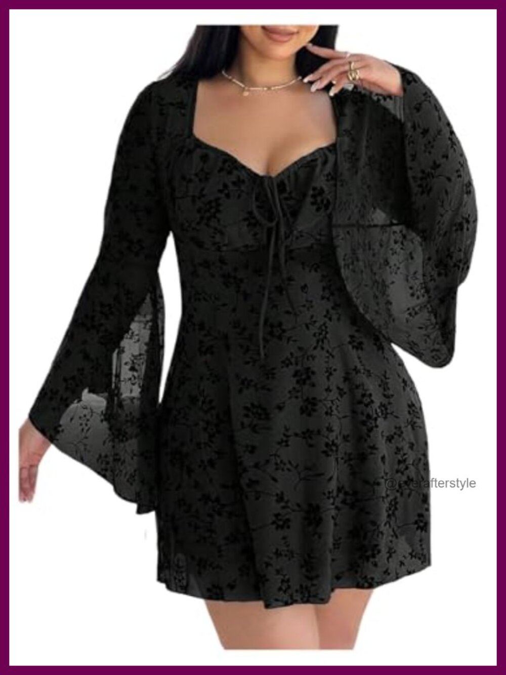 Plus Size Gothic Floral Jacquard Sweetheart Neck Long Sleeve Mini Dress